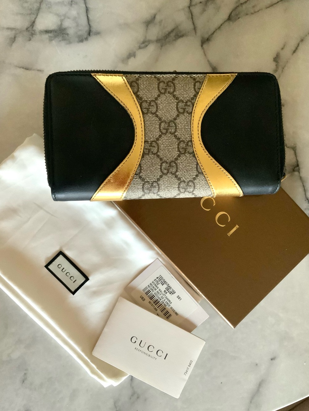Gucci Monogram Zip Wallet in Black, Gold and Beige - Picture 3 of 14